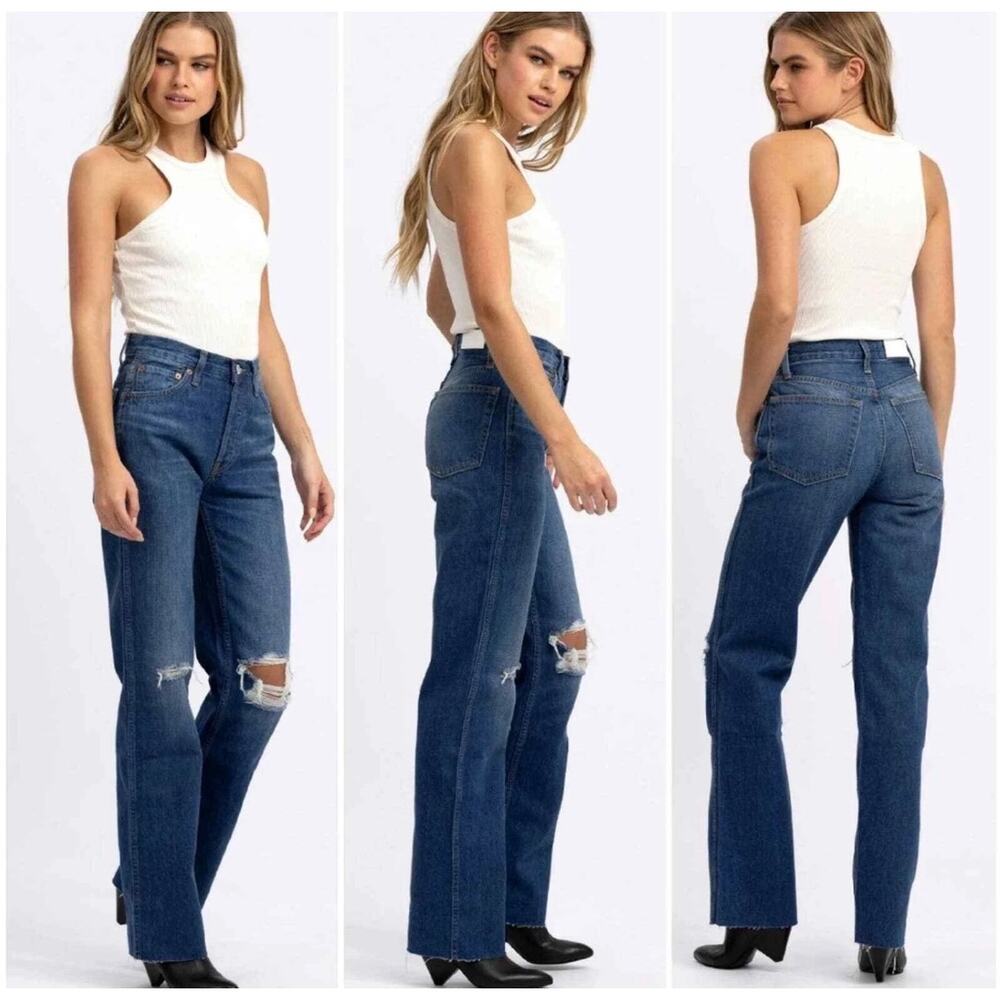 RE/DONE 90's High Rise Loose Distressed Straight Leg Raw Hem Jeans Sz 27 - Picture 7 of 14
